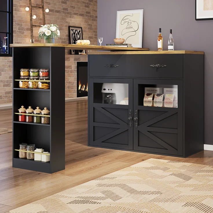 Ausziehbarer Bartisch Schwarz mit 360° Drehfunktion, MDF Tischplatte geprägt, Acryl-Türen, Aluminium-Griffe, Stauraum, 104cmx138-204cmx39cm – Bild 2