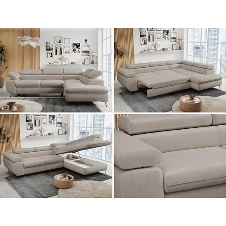 Mks Möbel 'Peter L-form' Ecksofa mit Bettfunktion, Bettkasten & einstellbaren Kopfstützen, Beige, Mikrofaser, rechts – Bild 2