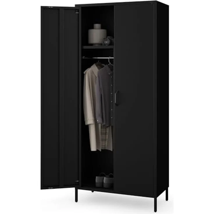 Jan Nowak Kleiderschrank 2 Türig, Metallschrank Glitzernd - Flavio | Ablagen, Kleiderstange, Magnetverschluss | Geräumiger Garderobenschrank für Schlafzimmer | 80 x 185 x 45 cm | Schwarz – Bild 8