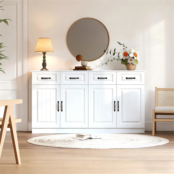 Merax 160cm Weißes Sideboard, Kommode aus MDF mit 4 Schubladen und 4 Türen, 2 Ablageflächen, geriffeltem Design und 8 Metallgriffen – Bild 8