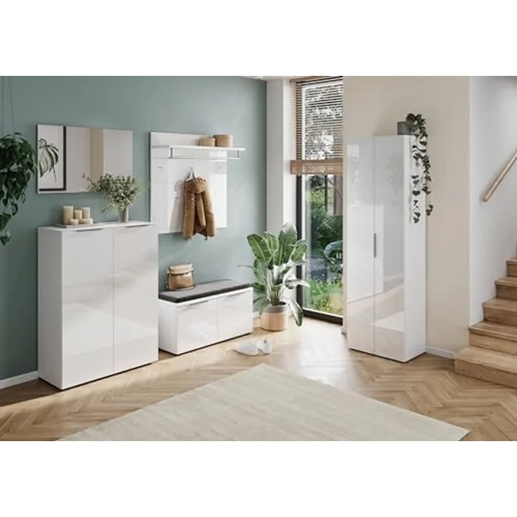 Garderobenschrank >GW-GENOVA< 5 Böden, Kleiderstange, Glas / Weiß - 59x197x40cm (BxHxT) – Bild 2