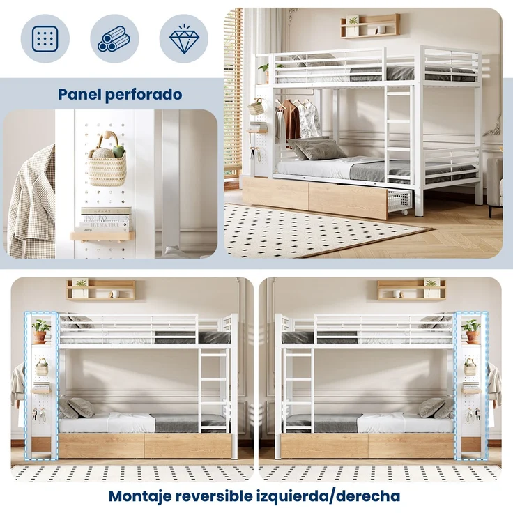 CHICFURN Etagenbett aus Metall und MDF Weiß 90x200 cm mit LED-Beleuchtung und Stauraum – Bild 5