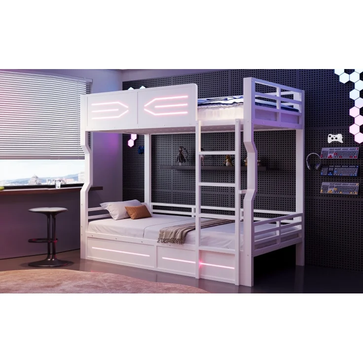 ZUBALIYA Etagenbett 90 × 200 cm, Metall, LED-Beleuchtung, Weiß – Bild 14