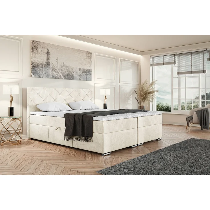 MEBLINI Boxspringbett MALDINI 160x200cm - H3P/Creme Samt - mit Bettkasten - Polsterbett - Doppelbett mit Topper & Taschenfederkern-Matratze – Bild 1