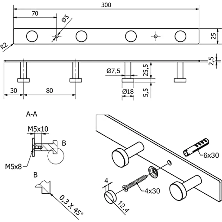 SO-TECH® Garderobenleiste Hakenleiste JOEL echt Edelstahl Garderobenhaken Wandhaken (1 St) – Bild 6