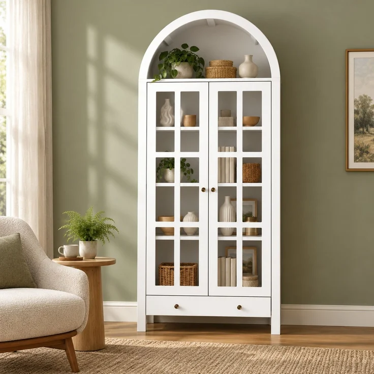 Vitrine 75x35x170,5 cm in Weiß mit Bogenfach, Acryl-Türen und Schublade – Bild 2