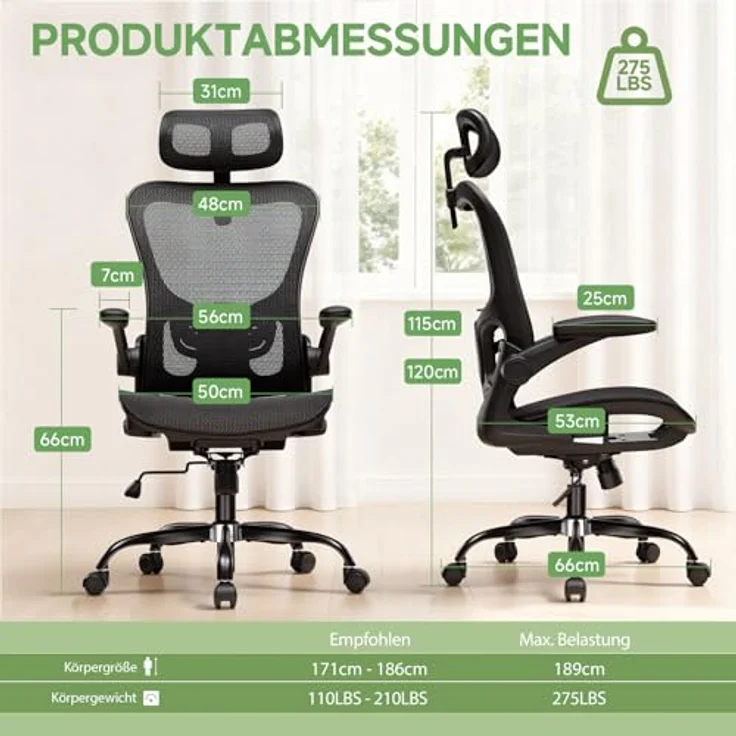 GTPLAYER Bürostuhl Ergonomisch, Schreibtischstuhl mit Verstellbarer Kopfstütze, Armlehnen, Lendenwirbelstütze, Büro Stuhl & Gaming Stuhl Wippfunktion, Chefsessel aus Mesh, 150kg(Schwarz) – Bild 9