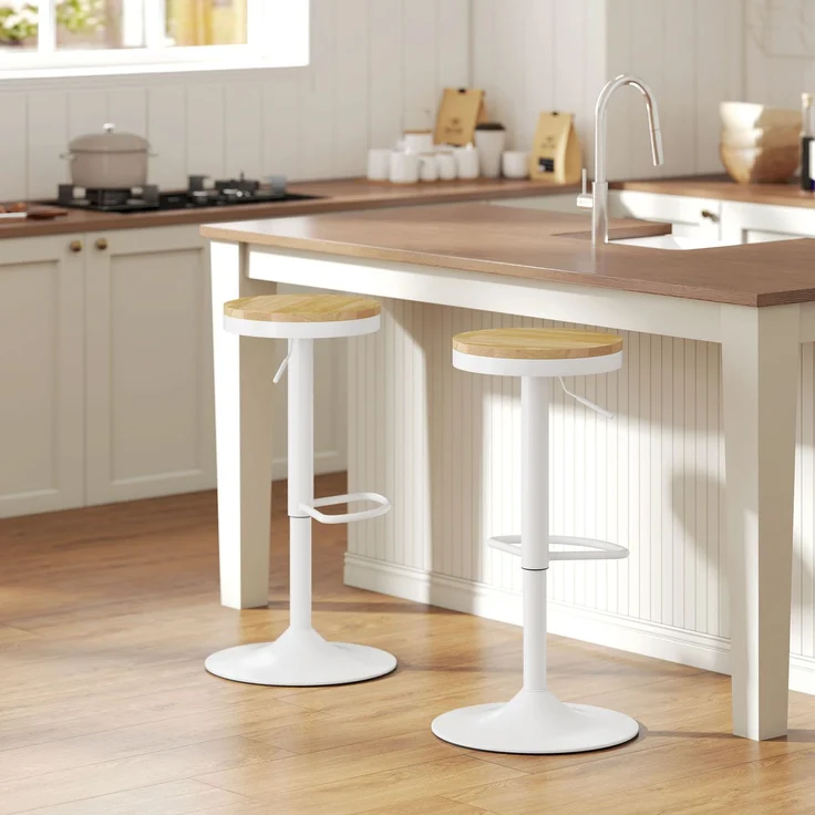 Barhocker 2er Set, Höhenverstellbar 360° Drehbar Barstuhl mit Stahlgestell Fußstütze 38,5x38,5x60-80 cm Naturholz+Weiß--Naturholz + Weiß--80x38.5x38.5cm--YOUDENOVA – Bild 4