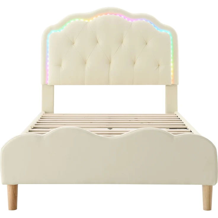 U-life Polsterbett 90x200 cm, Einzelbett und Kinderbett, mit wellenförmigem Kopfteil, LED-Lichtleiste und PU-Bezug, Beige – Bild 7