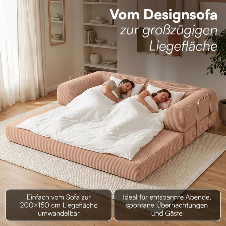 skølm 'Lofn' Modulares Sofa 2 Sitzer, 200x100 cm, Vollschaumcouch mit Metallgestell, Cord lachsrosa, Schlafsofa vakuumverpackt, kein Aufbau erforderlich – Bild 8