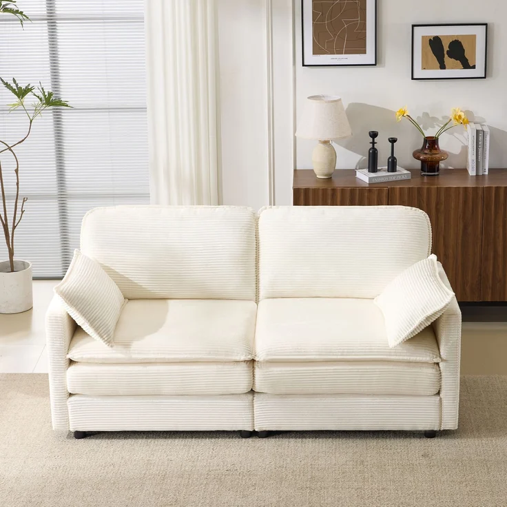2-Sitzer Sofa mit Holzrahmen und Kordstoffbezug mit stabilen Holzfüßen, weichem atmungsaktivem Cord-Stoff,Weiß – Bild 3