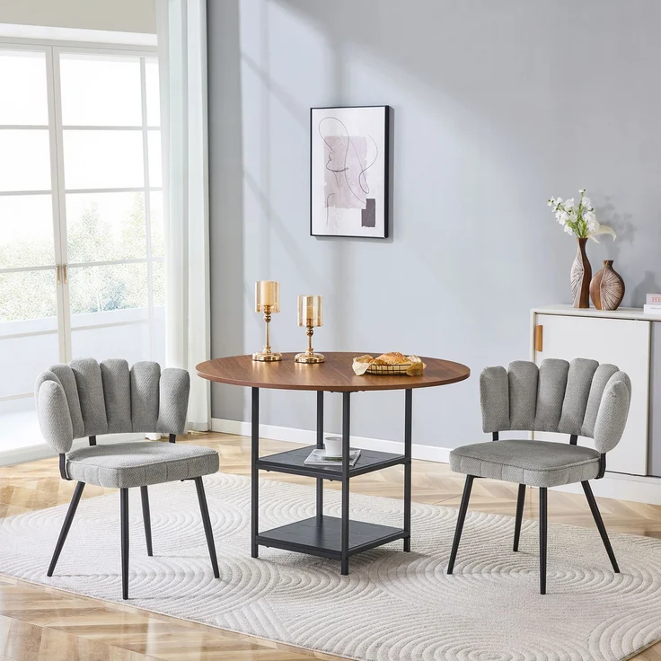 Esstisch-Set H 75 x T 107 x B 107 cm rund in Nussbaum-Optik mit 2 Stühlen, Stauraum-Ebene, MDF und Metallgestell – Bild 2