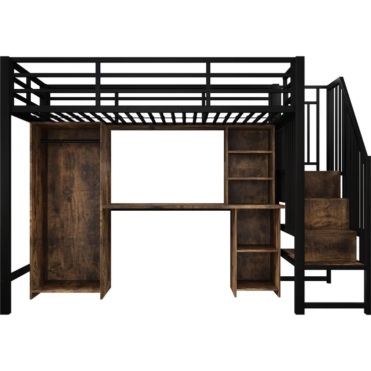 Hochbett mit Schreibtisch, Bücherregal, Kleiderschrank und Rausfallschutz, 90x200cm, Treppe mit Regal, Kinderbett, Metallbett – Bild 7