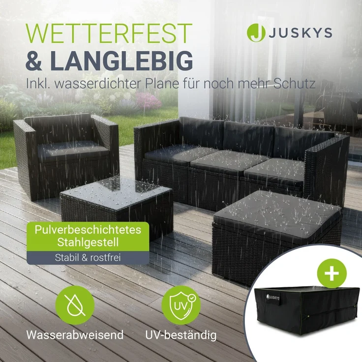 Juskys Polyrattan Lounge Punta Cana L schwarz inkl. Abdeckung – Gartenlounge Set für 4-5 Personen – Sitzgruppe mit Sessel, Sofa, Tisch & Hocker - Sitzbezüge Creme – Bild 2