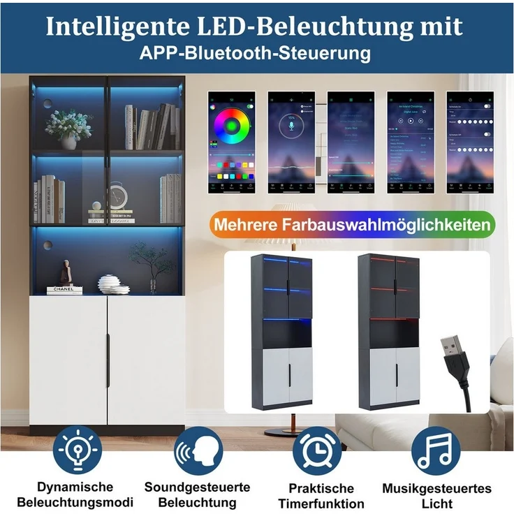 BlingBin Vitrine Glashängeschrank mit LED-Leuchten (1er Set, 1-St, Vitrine mit Glastüren, 30x160x200cm) Bücherregal für Sammlerstücke,einstellbare Farbtemperatur & Helligkeit – Bild 3