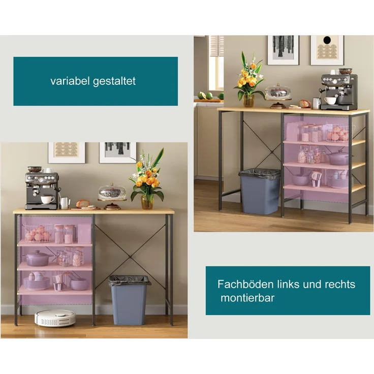 ZUBALIYA Ablagetisch 120 x 40 x 85,5 cm – flexibel montierbare Regale, Metallrahmen mit X-Verstrebung, höhenverstellbare Standfüße, MDF, Metall, Schwarz, Naturfarben – Bild 5