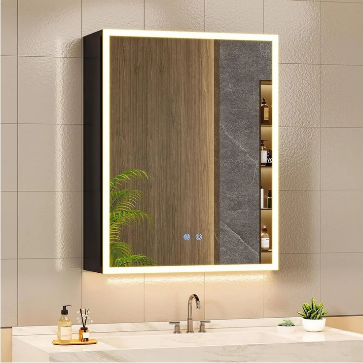 MSMASK Spiegelschrank aus Metall mit LED Beleuchtung und Steckdose, 50x14x70 cm, Schwarz (1-St) Badschrank mit Anti‑Fog, verstellbaren Ablagen, 3 Farbtemperatur – Bild 1