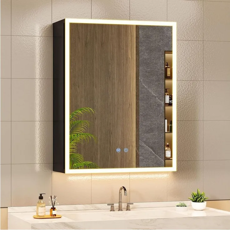 MSMASK Spiegelschrank aus Metall mit LED Beleuchtung und Steckdose, 50x14x70 cm, Schwarz (1-St) Badschrank mit Anti‑Fog, verstellbaren Ablagen, 3 Farbtemperatur
