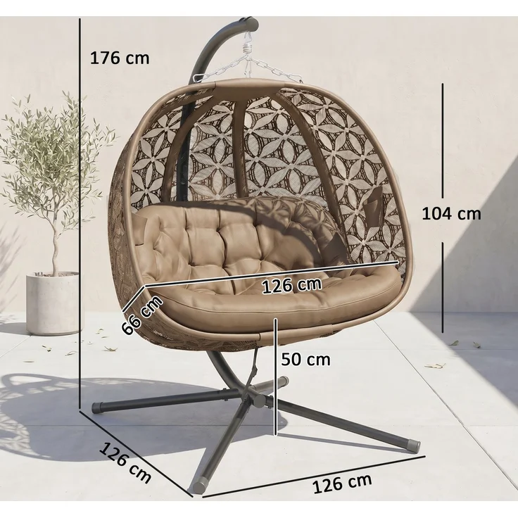 MELAYR, Hängesessel mit Gestell für 2 Personen faltbar Hängekorb mit dick Kissen, 126 x 126 x 176 cm, Sand – Bild 5