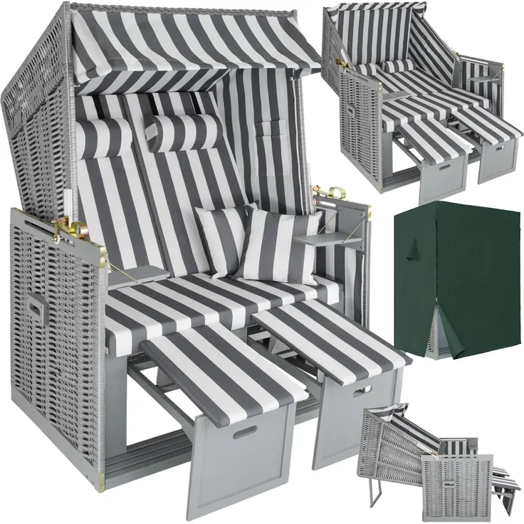 tectake® Strandkorb, Strandkorb Ostsee 2-Sitzer, verstellbare Rückenlehne, Volllieger mit Fußbänkchen und Seitentische, inkl. Schutzhülle & Kissen, Ideal für Balkon, Garten und Terrasse - grau/weiß