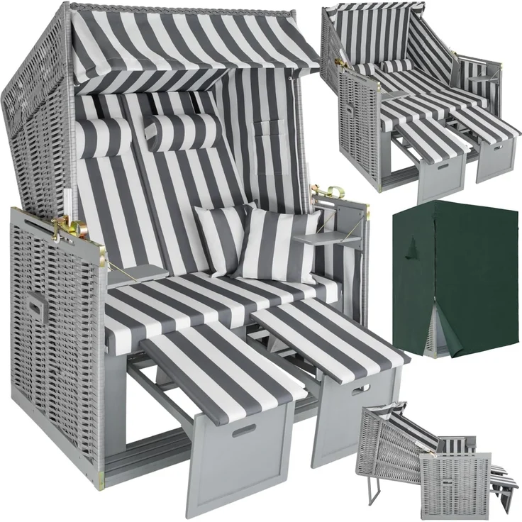 tectake® Strandkorb, Strandkorb Ostsee 2-Sitzer, verstellbare Rückenlehne, Volllieger mit Fußbänkchen und Seitentische, inkl. Schutzhülle & Kissen, Ideal für Balkon, Garten und Terrasse - grau/weiß