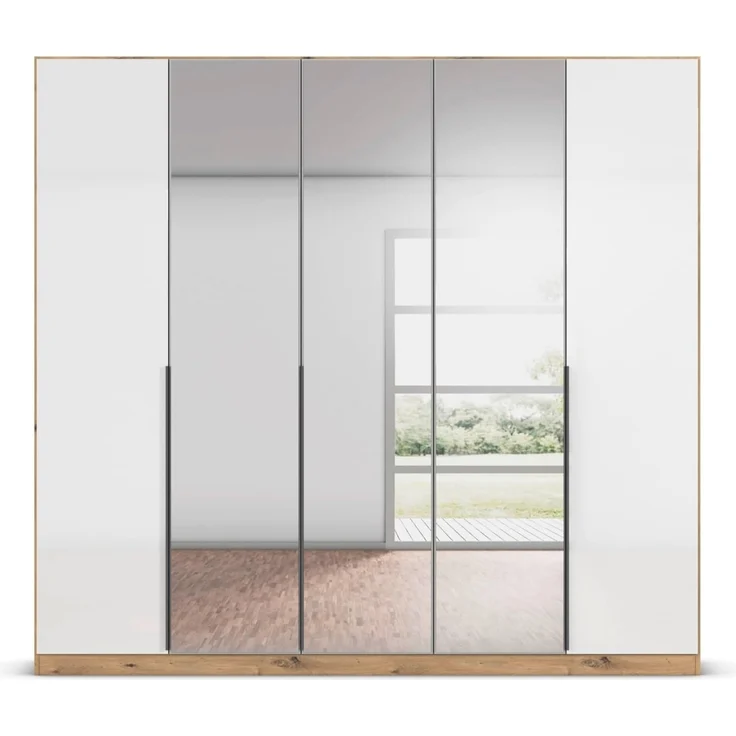 Rauch Möbel Alabama, Kleiderschrank, Garderobenschrank, 5-türig, Spiegel, Zubehör Basic, 3 Kleiderstangen, 3 Einlegeböden, Farbe Hochglanz Weiß/Eiche Artisan, Holz, Griff Grau metallic, 226 x 210 x 54 cm – Bild 8