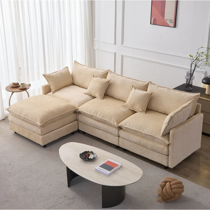 DESVIAE Sofa L-förmig mit Hocker aus Chenille, Hellkaffee, 267 x 154 x 85 cm – Bild 2