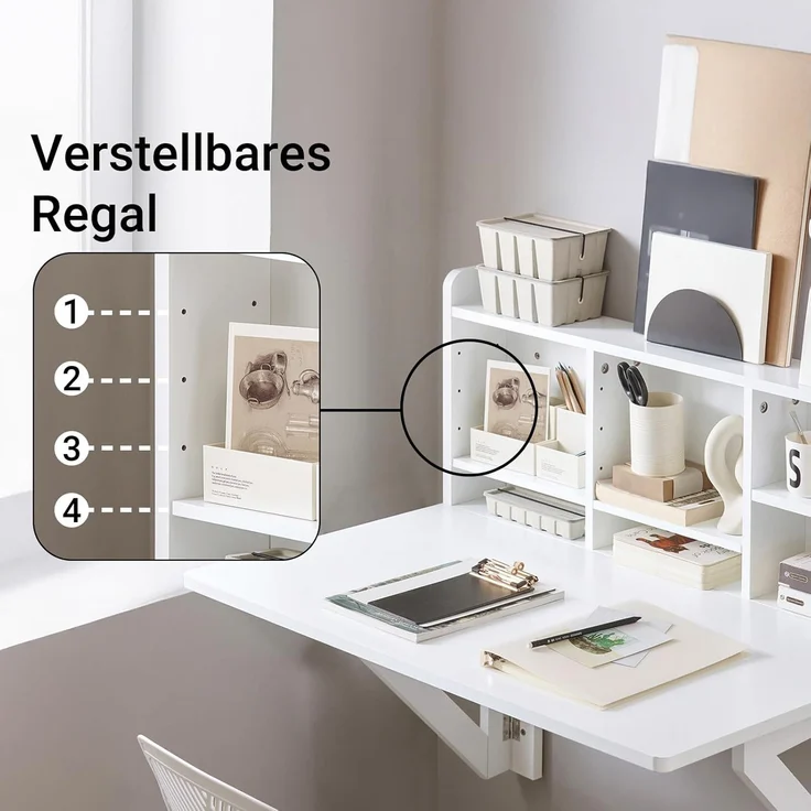 Wandklapptisch Schreibtisch mit Integriertem Schweberegal weiß FWT07-W – Bild 7