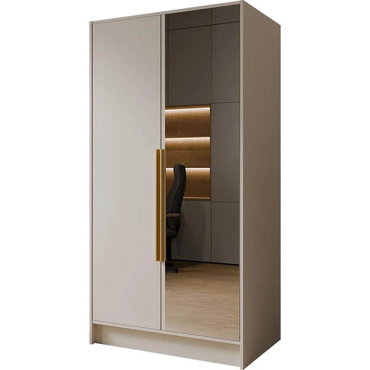 MEBLINI Kleiderschrank LUSINDA 100cm - Kaschmir - mit goldfarbenen Griffen - Drehtürenschrank mit einem Spiegel - Kleiderstangen und Regalböden – Bild 1