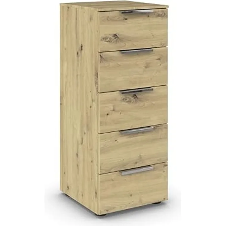 Rauch Möbel Flipp, schmale Hochkommode mit viel Stauraum für Flur, Wohnzimmer, Schlafzimmer, Eiche Artisan, 5 Schubkästen, Griffe chrom, 40 x 100 x 42 cm