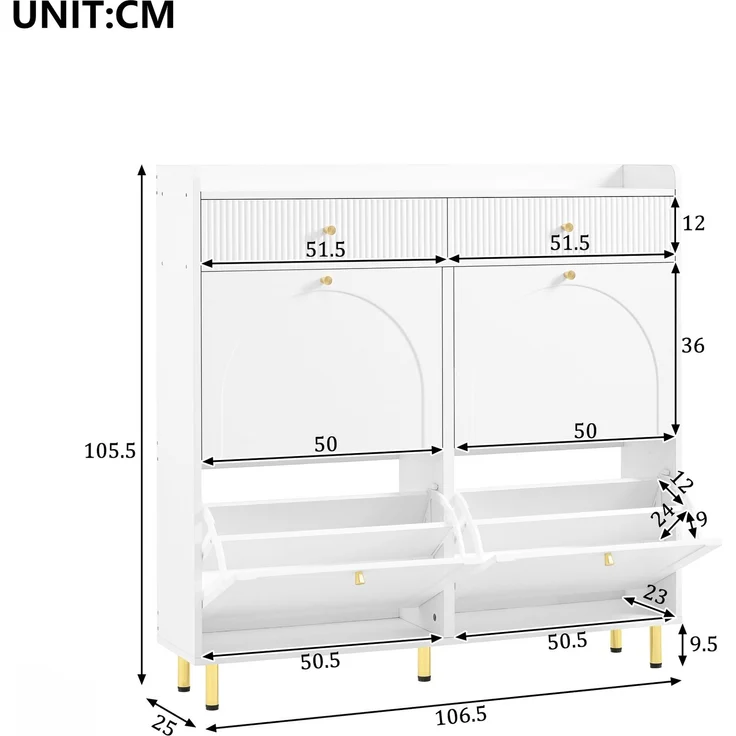 ZUBALIYA Schuhschrank (106,5 x 25 x 105,5 cm), 4 Klappfächer und 2 Schubladen, Verstellbare Einlegeböden, Aus MDF und Spanplatte, Weiß – Bild 6