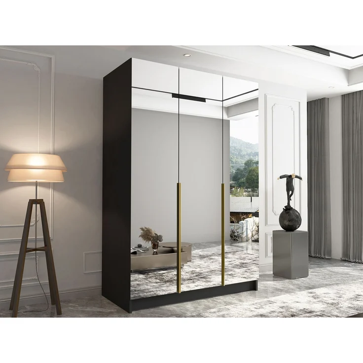 Mirjan24 'Cikzori' Kleiderschrank mit Einlegeböden und Kleiderstange, 3-türig, Laminatplatte, 215 x 58 x 150 cm, Schwarz / Gold, mit Spiegelfront – Bild 3