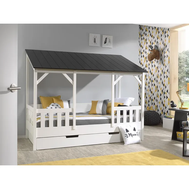 Vipack Hausbett 90x200 cm, weiß, Dach in schwarz, inkl. Bettschublade