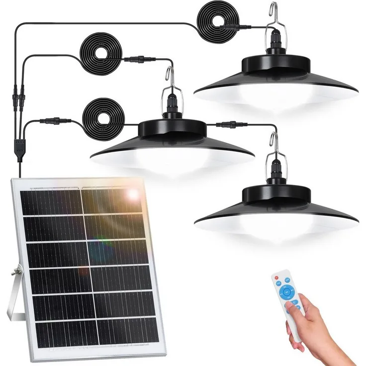 LMaxhome LED Solarleuchte Hängelampen Solar Deckenleuchte Outdoor, 5 Modi mit Fernbedienung IP65, Trennbar - 3 Lampen (Neu verbessert), LED fest integriert, Warmweiß/Kaltweiß Wahlbar, mit Bewegungsmelder und 5m Kabel, Solarlampe für Garten, Terrasse