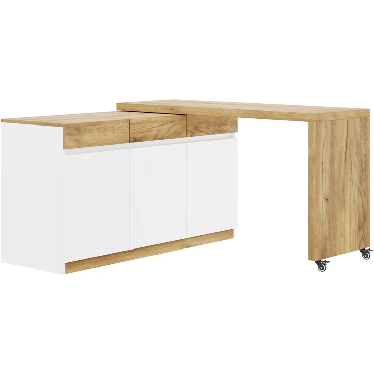 ZUBALIYA Schreibtisch mit feststellbaren Rollen – multifunktionales Design, 4 cm dickere, drehbare Tischplatte, fest arretierbar, weiß/Eiche, Faltbarer Schreibtisch, Eckschreibtisch, Sideboard,Dicke Materialie,Weiß Eiche – Bild 11