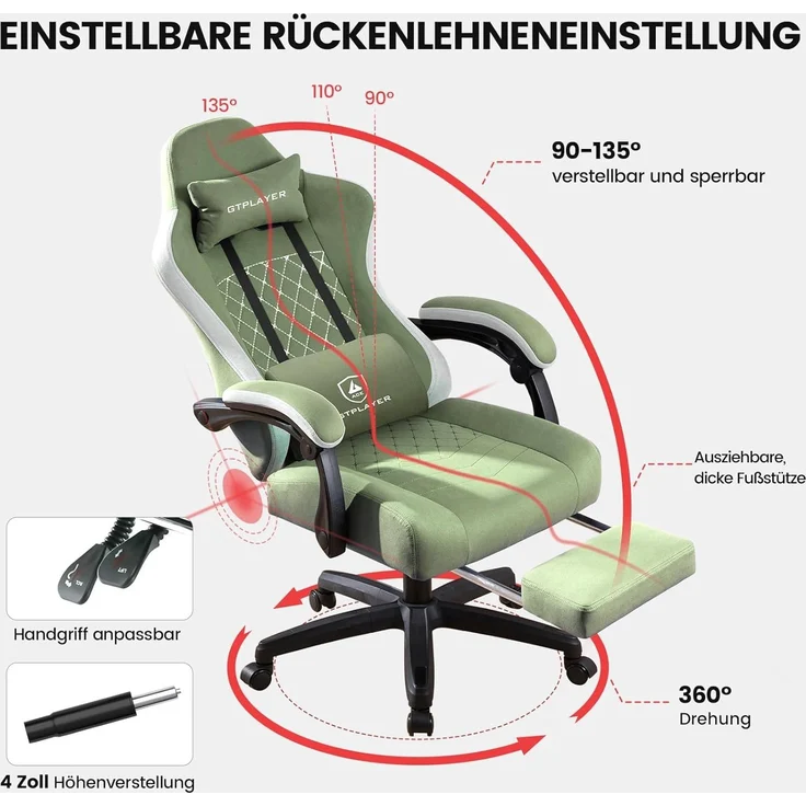 GTPLAYER Gaming Stuhl Stoff, Gaming Sessel mit Taschenfederkissen, ergonomischer Drehstuhl, Gamer Stuhl mit Fußstütze150 kg Belastbarkeit, grün – Bild 3