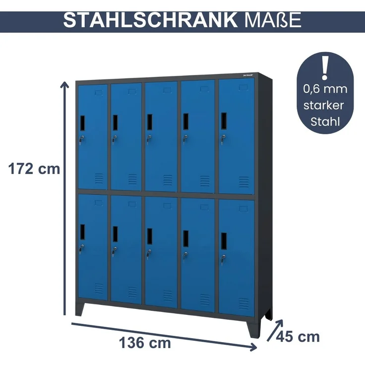 Umkleideschrank Spind BERLIN - 10 Abteile, Etikettenhalter Lüftungsschlitze | Umkleidespind Schließfachschrank Garderobenspind, 172x136x45cm Anthrazit-Blau – Bild 2