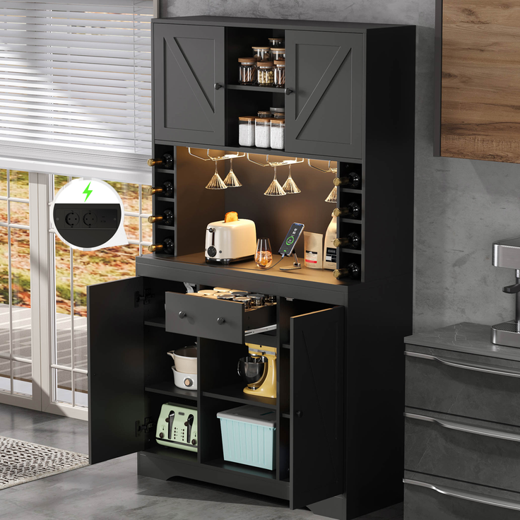 Merax 180cm Küchenschrank, Hochschrank, Weinschrank mit verstellbaren Einlegeböden, Schublade, Edelstahl-Weinglashalter, Weinflaschenfächern, farbwechselnder LED-Beleuchtung und Steckdosen, Schwarz – Bild 2