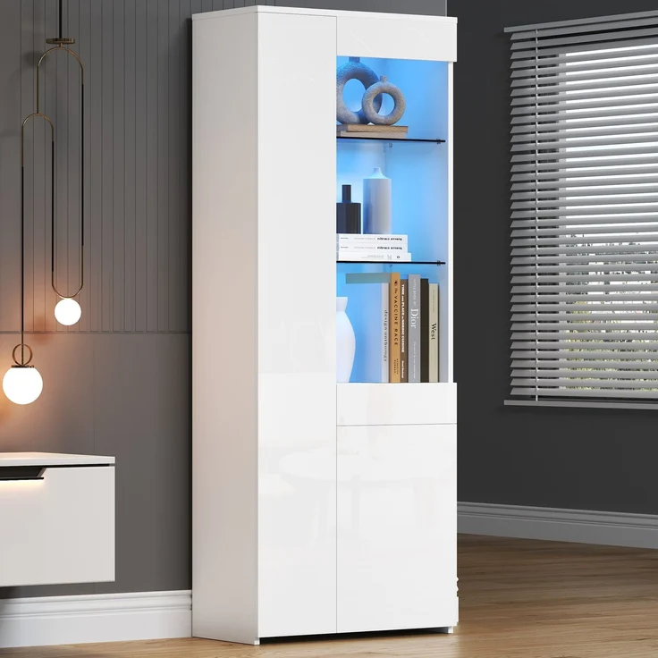 DESVIAE Vitrine mit LED-Beleuchtung und Schublade 70x180x35 cm Spanplatte Weiß – Bild 2