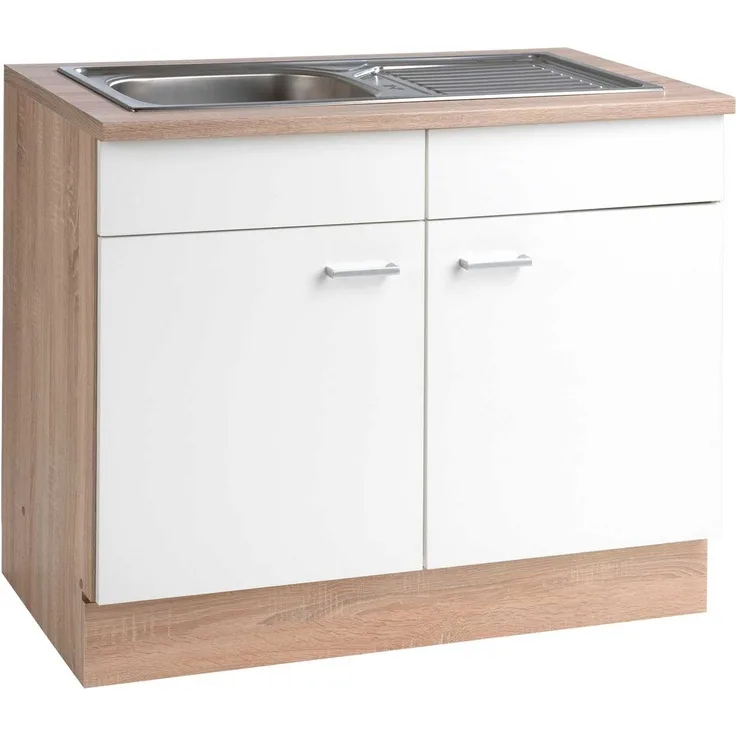 Menke Küchen Spülenunterschrank SONEA, Eiche Sonoma Dekor, Weiß, mit 2 Türen, Breite 100 cm
