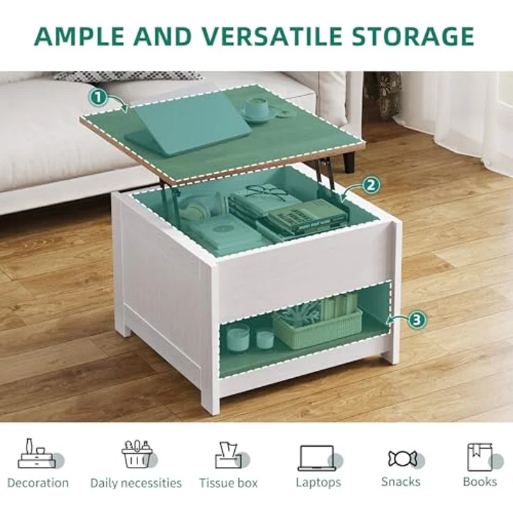 YITAHOME Couchtisch mit Hebeplatte, Quadratisch Couchtisch Höhenverstellbar, Wohnzimmertisch Modern für Couch Schlafzimmer,Stabiler Metallrahmen,60X60X45CM – Bild 7