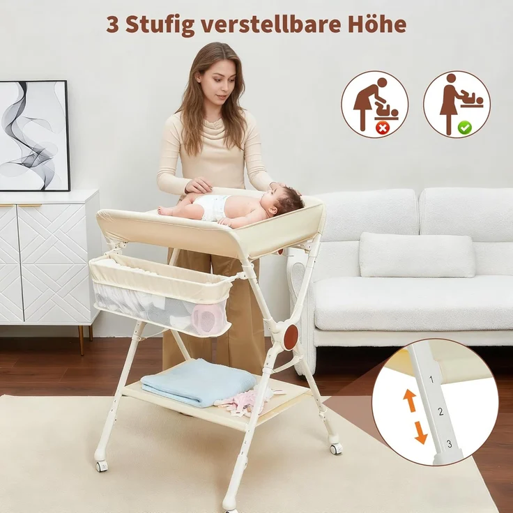 GarveeHome Baby Wickelkommode, Wickeltisch Klappbar Mit Rollen, Mobiler Wickeltisch Mit 3-Stufiger Höhenverstellung & Ablage Für Neugeborene, Kleinkinder 73x70x106,5Cm – Bild 4