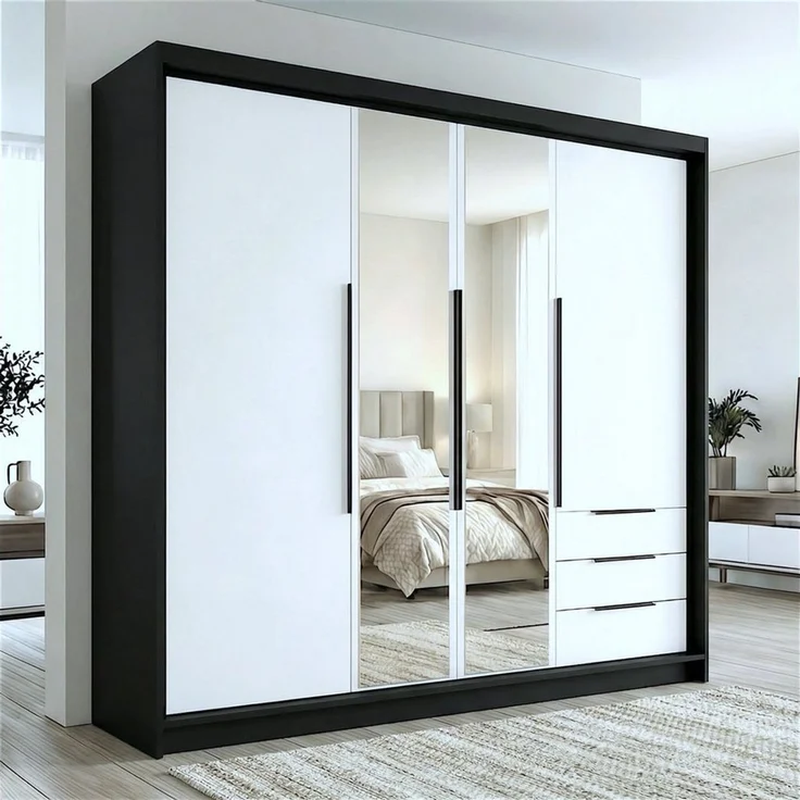 A&J MöbelLand GmbH Drehtürenschrank viertüriger Kleiderschrank mit Schubladen und Metallgriffen. (Geräumiger vier¬türiger Kleiderschrank mit Schubladen und Metallgriffen. Geräumiger Schrank mit einer Breite von 200 cm und Schubladen, ideal zur Aufbewah... – Bild 1
