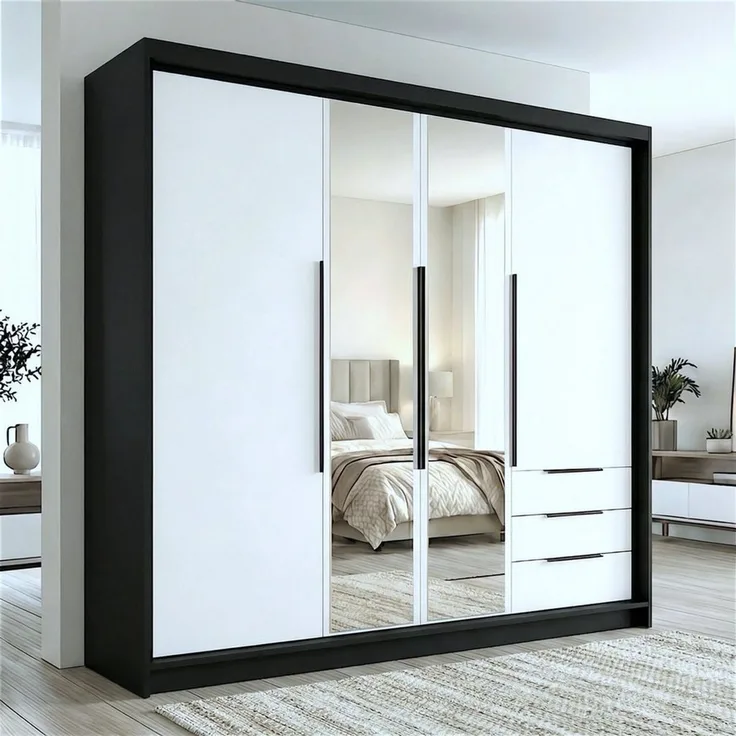 A&J MöbelLand GmbH Drehtürenschrank viertüriger Kleiderschrank mit Schubladen und Metallgriffen. (Geräumiger vier¬türiger Kleiderschrank mit Schubladen und Metallgriffen. Geräumiger Schrank mit einer Breite von 200 cm und Schubladen, ideal zur Aufbewah...