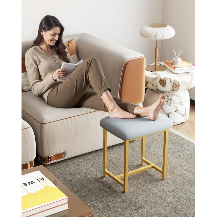 Mondeer Schminkhocker, Makeup Eitelkeit Hocker, Fußhocker Stuhl mit goldene Metallbeine, für Make-up Raum Schlafzimmer Wohnzimmer Eingang Flure, 41 × 31 × 44.5 cm, Grau+Gold – Bild 6