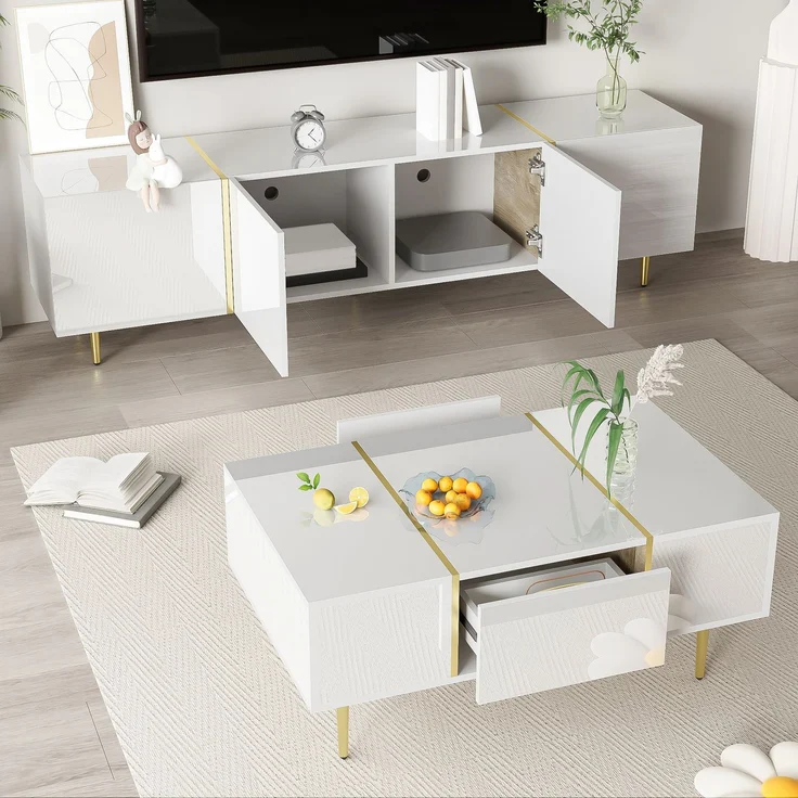 JARDJ Moderner Hochglanz-Weiß TV-Schrank und Couchtisch Set – Bild 6