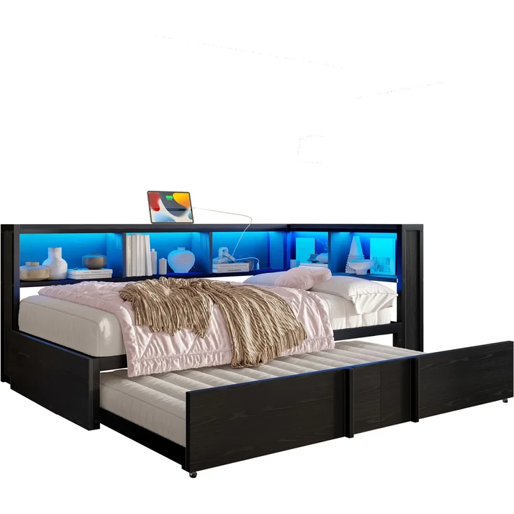 Metall-Tagesbett 90x200 cm mit Ausziehbett, 5 Stauschränken, LED-Beleuchtung und USB-Ladestation, Schwarz – Bild 1