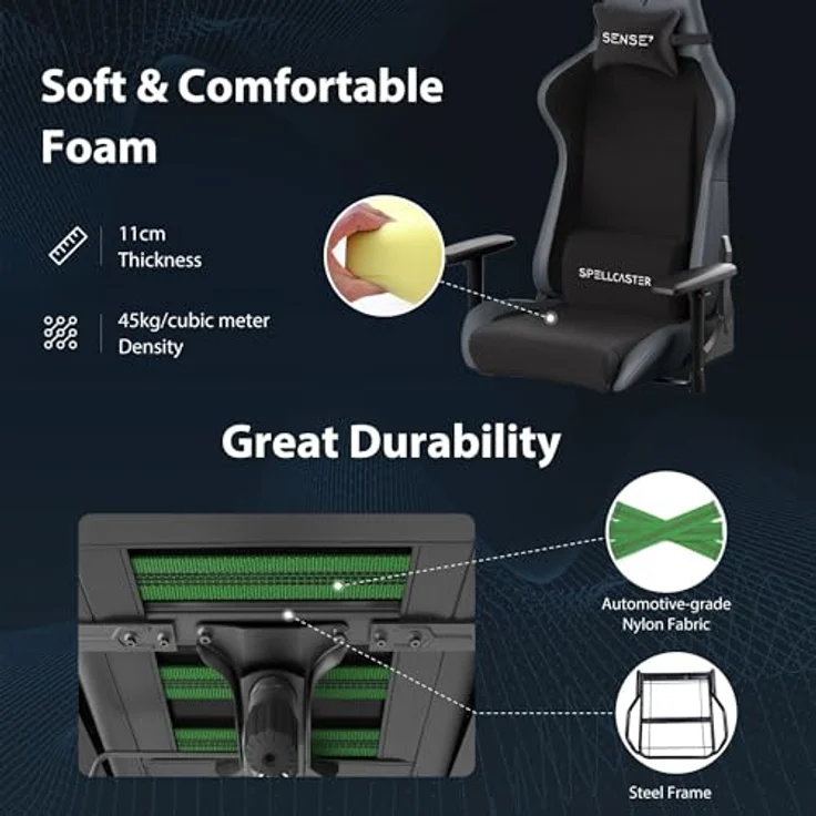 SENSE7 Spellcaster FUKU Gaming Stuhl - Alcantara - Ultimativer Komfort, 160° Neigung, Verstellbare Armlehnen, Atmungsaktiver HR-Schaum - Für Büro oder Gaming, Elegantes Design – Bild 6