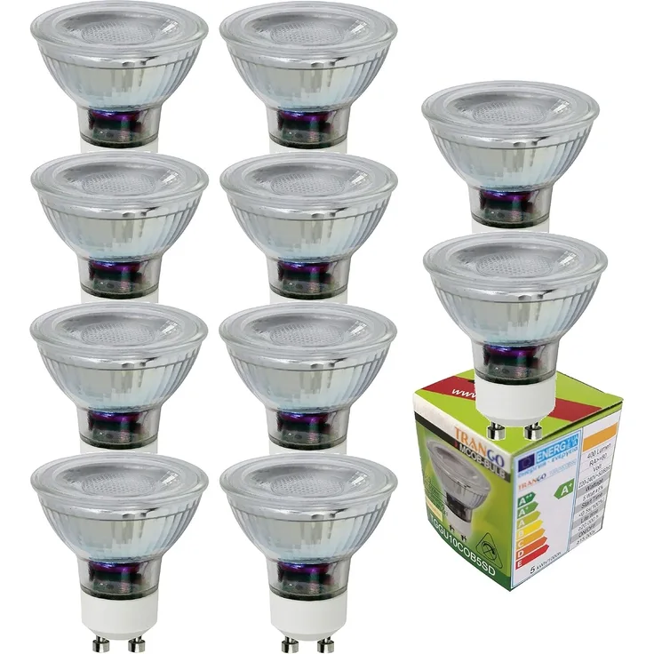 TRANGO LED-Leuchtmittel, 10er Pack GU10CWSD-10 GU10 LED Leuchtmittel 3-Stufen dimmbar - 6000K kaltweiss zum Austauschen GU10 & MR16 Halogen Leuchtmittel für Einbauleuchten, 10 St, Deckenstrahler, Einbaustrahler, Deckenleuchte, Spots