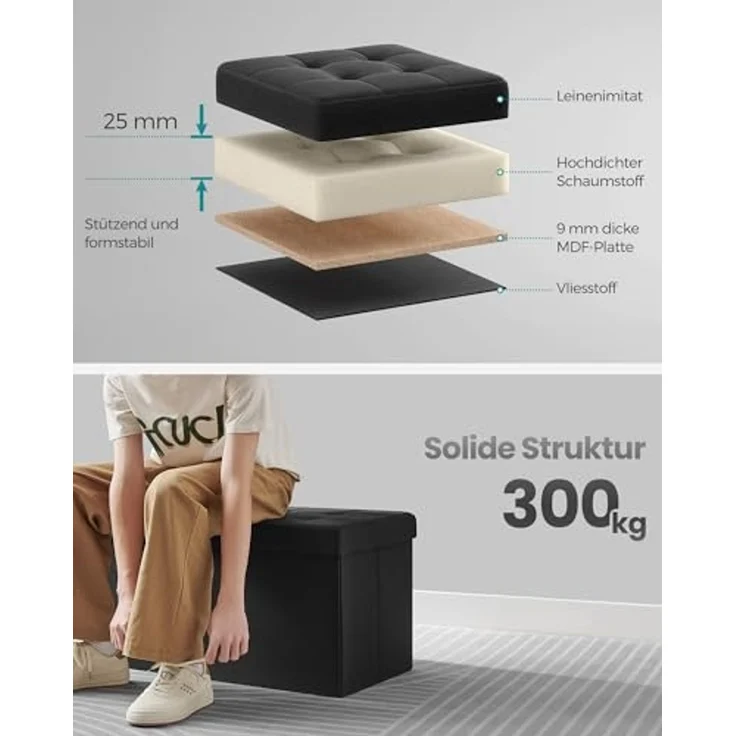 Songmics Sitzbank mit Stauraum, klappbare Sitztruhe, Aufbewahrungsbox, 38 x 76 x 38 cm, Deckel klappbar, bis 300 kg belastbar, für Flur, Wohnzimmer, Schlafzimmer, tintenschwarz LSF046B01 – Bild 4